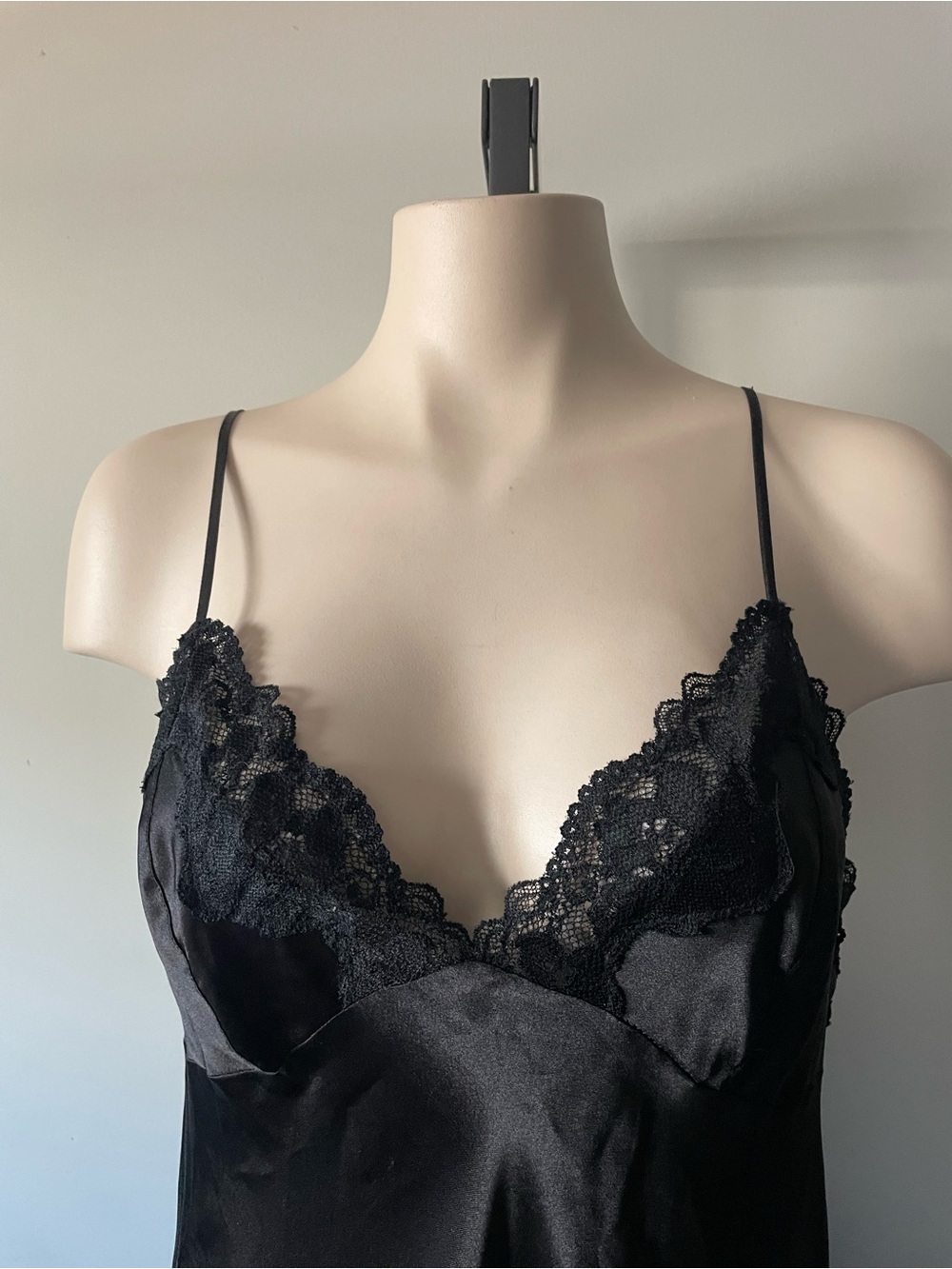 90s Y2K Vintage La Senza Black Satin Maxi Slip Dress Lace High Slit Medium - Picture 3 of 5